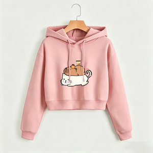 Women's Black Hoodie Cartoon <b>Cat</b> Coffee Print Cotton Knitted Casual Autumn Style Front Logo Short Length Regular Sleeve - Product Image 2