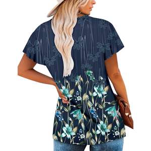 2025 Top de túnica elegante bohemio azul menta XL para mujer con cuello en V favorecedor y mallas camisa de manga corta - Product Image 2