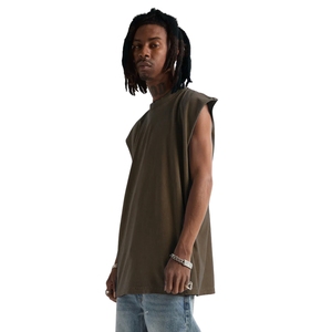 Camiseta sin mangas marrón personalizada de algodón grueso, estilo oversize con hombros caídos, vintage, lisa, casual para hombre - Product Image 3
