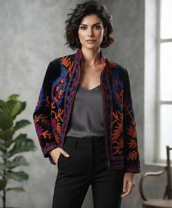 Veste élégante en velours brodé pour femme, motif floral, col montant, manches longues, style bohème automne, ouverte sur le devant, manteau en velours noir - Product Image 2