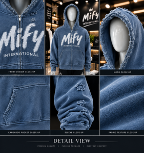 Sweat à capuche zippé bleu délavé et vieilli avec impression graphique pour streetwear, sweat à capuche en molleton épais pour homme - Product Image 6
