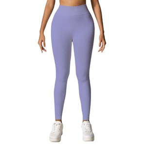 Leggings de yoga côtelés à taille haute élastique avec logo, sans couture, séchage rapide, longueur intégrale, pour l'entraînement en salle de sport - Product Image 2