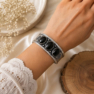 Handmade Black Onyx Bezel Setting Three Stone Oval Wide <b>Cuff</b> Bangle <b>Silver</b>/Gold Plated Brass Classic Bohemian Jewelry for Unisex - Product Image 2