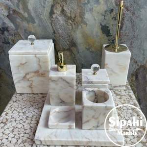 Ensemble d'accessoires de salle de bain de luxe en marbre 5 pièces, ensemble de meubles de salle de bain en pierre naturelle, marbre beige, blanc ou gris, décoration de salle de bain - Product Image 2