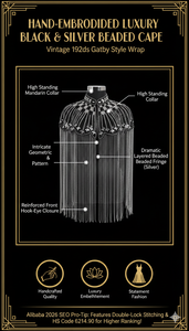 Cape d'épaule Ellora noire et argentée à franges perlées pour femme, idéale pour mariage, soirée, ou comme châle en nylon brodé de cristaux - Product Image 6