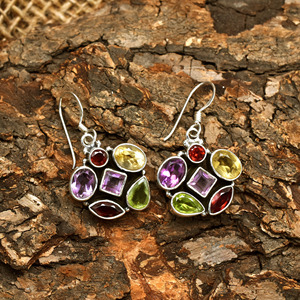 Natural Multi Gemstone Cluster Dangle Earrings 925 <b>Sterling</b> <b>Silver</b> Amethyst Garnet Citrine Peridot Handmade Floral Designer Drop - Product Image 4