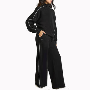 Ensemble de survêtement noir pour femme, coupe décontractée, sweat-shirt à demi-zip et pantalon de jogging large, style streetwear, tenue d'entraînement, fournisseur OEM en gros - Product Image 4