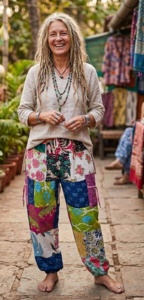 Handmade Cotton Patchwork <b>Harem</b> <b>Trouser</b> with Assorted Patches Breathable Drawstring Closure High Waist Summer Unisex Pants - Product Image 3