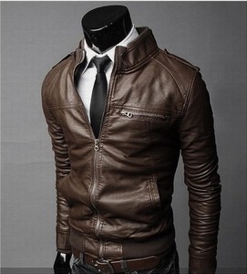Veste en cuir PU marron pour homme, col montant, coupe ajustée, manches classiques, fermeture éclair, style motard, pour l'automne - Product Image 4