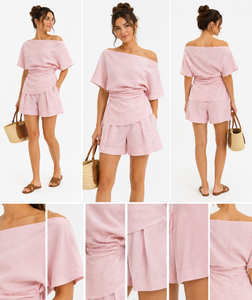Summer <b>Pink</b> Two Piece Set Women Casual Shoulder Top Shorts Matching Outfits Elegant Boho Beach Vacation Breathable Eco-Friendly - Product Image 2