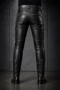 Pantalon de motard en cuir véritable noir pour homme, coupe slim, coupe-vent, anti-UV, option grande taille - Product Image 6