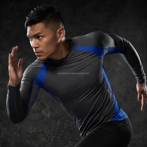 Men Full Sleeve <b>Compression</b> Rash Guard Long Sleeve Quick Dry <b>Gym</b> Training Top Blue Gray Color Blocked Sport <b>Shirt</b> - Product Image 6
