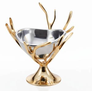 Bol de service élégant en métal haut de gamme, motif bois de cerf, base dorée polie, intérieur argenté, pour fêtes, salon, salle à manger et décoration intérieure - Product Image 5