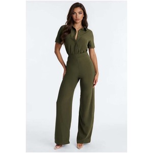 Combinaison en satin bleu taille haute pour femme, manches courtes, col rabattu, coupe ample, style moderne streetwear, printemps-été - Product Image 6