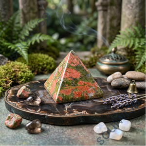Pyramide en cristal d'Unakite naturel fait main, ensemble de pierres précieuses vertes et orange polies, collection de décoration Feng Shui - Product Image 6