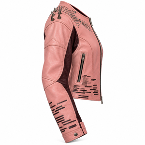 Chaqueta de Cuero Rosa para Mujer, Estilo Punk, con Estampado, Chaqueta de Motociclista con Tachuelas, Ropa Exterior Personalizada, Fabricación OEM/ODM a Pedido - Product Image 3
