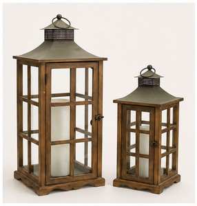 <b>Set</b> of 2 Rustic Wooden Decorative <b>Lanterns</b> with Metal Top Vintage Distressed Brown Wood Candle Holders for Indoor Home Decor - Product Image 1