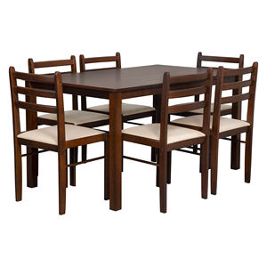 Juego de comedor de 6 sillas y 1 mesa hecho de madera de teca de alta calidad en color marrón oscuro con tapicería para uso en interiores en el comedor. - Product Image 1