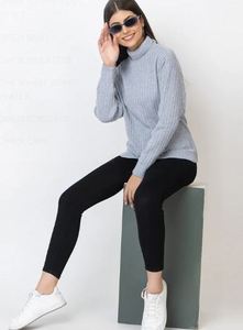 Pull col roulé épais gris clair pour femme, manches longues, tricot côtelé, décontracté, pour l'hiver, en acrylique, séchage rapide, anti-boulochage - Product Image 3