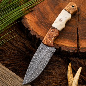 Custom Handmade Damascus Hunting <b>Knife</b> with Leather Sheath Olive Wood & <b>Bone</b> <b>Handle</b> Outdoor Camping Survival Bushcraft OEM ODM - Product Image 2