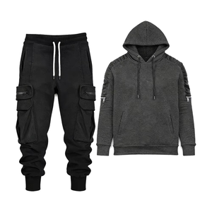 Ensemble de survêtement unisexe d'hiver en polaire doublé, sweat à capuche et pantalon cargo, vêtements de sport décontractés chauds - Product Image 1