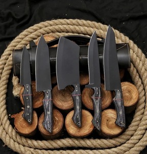Ensemble de couteaux de chef en acier carbone forgé à la main, 5 pièces, couteaux de boucher avec manches en bois de rose ambidextres et sac en cuir - Product Image 1