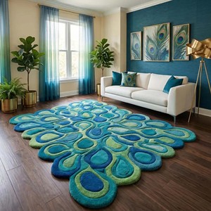 Tapis de bureau moderne en laine tuftée à la main, couleur bleu-vert unie, extra épais, adapté aux animaux domestiques, tapis moelleux - Product Image 5