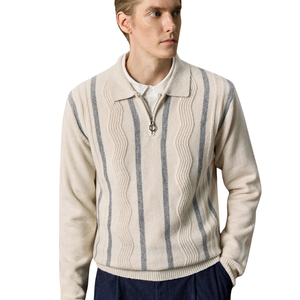Pull en maille pour homme à col zippé, manches longues, rayé, avec poignets côtelés, décontracté, pour l'hiver - Product Image 1