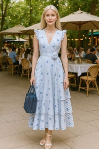 Vestido Maxi Azul y Blanco a Rayas Verticales sin Mangas con Cuello en V y Volantes en los Hombros, Elegante Vestido Largo con Corte en A para Mujer - Product Image 2