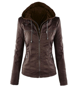 2026 Trendy Women's Brown PU <b>Leather</b> Hooded Motorcycle <b>Jacket</b> Full Sleeve Zipper Closure Windproof Autumn Wear Solid Color - Product Image 1