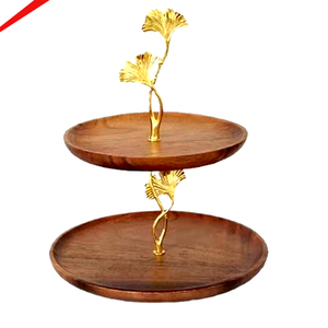 Modern 2 <b>Tier</b> Acacia Wood <b>Cake</b> Stand With Gold Ginkgo Leaf Accent Elegant Dessert Serving Tray For Weddings Birthday - Product Image 1