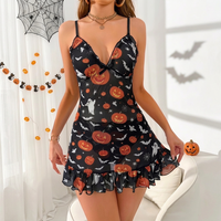 Ensemble de lingerie en maille 2 pièces pour femme, imprimé citrouille, fantôme, chauve-souris, nuisette à bretelles spaghetti et volants, tenue de nuit de festival, ODM