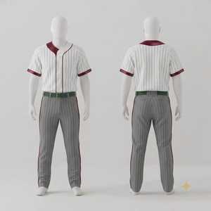Custom Men's Baseball Uniform White Pinstripe Jersey Maroon Trim Grey Pants Green Belt Button Closure Team Sports Apparel Set - Product Image 1