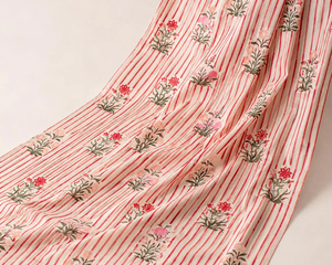 Tela de Algodón Estampada a Mano con Diseño Floral Sanganeri, Ecológica, Ligera, con Rayas Rosas, para Vestidos de Niña y Decoración del Hogar - Product Image 2
