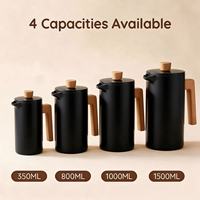Cafetière à piston en acier inoxydable noir mat avec poignée en bois, double paroi isolée, pour le thé