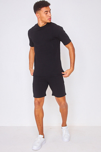 Conjunto de Pantalones Cortos y Camiseta Oversize de Punto Sin Costuras para Hombre, Color Negro, Cintura Elástica, Ropa Urbana de Verano - Product Image 2