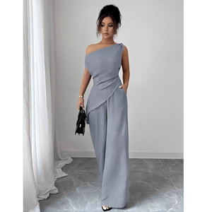 Serene <b>Slate</b> Asymmetrical Ruched Jumpsuit or Asymmetric One Shoulder Draped Co ord Set - Product Image 1