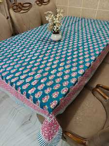 Hand Block Printed Table Cloth Rectangular Cotton Cloth Teal & Soft Pink Floral Hand-block Printed Cotton <b>Tablecloth</b> For Home's - Product Image 6