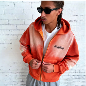 Sudadera con capucha para hombre, informal, estilo urbano, con cremallera, oversize, con bolsillos, personalizable, con estampado tie-dye naranja y blanco, de canalé, venta al por mayor de fábrica - Product Image 1