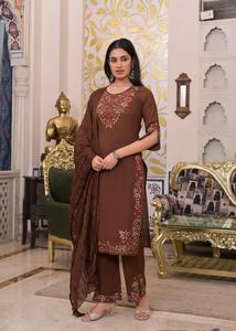 Ensemble Salwar Kameez Traditionnel Indien Brodé pour Femme en Coton Marron, Séchage Rapide, Longueur Genou, Coupe Décontractée - Product Image 6