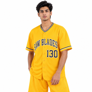 Maillot de baseball jaune doré pour homme, manches courtes, col en V, boutons sur le devant, nom et numéro d'équipe personnalisés, bordure contrastée, uniforme - Product Image 2
