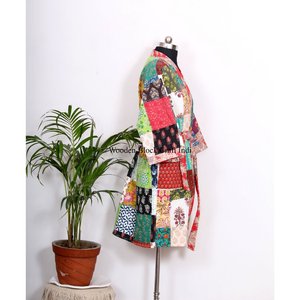 Assorted Indian Multi-Colour <b>Silk</b> Bathrobe Kimono Style Kantha Wholesale Sleepwear <b>red</b> color Handmade Patchwork Maxi Gown Dress - Product Image 3