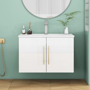 Meuble-lavabo mural blanc brillant de 30 pouces avec doubles portes à fermeture douce, crochets et longues poignées métalliques dorées pour une installation facile - Product Image 1