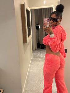 Conjunto Deportivo de Terciopelo Rosa Coral para Mujer, Sudadera Corta y Pantalones Anchos de Pierna, Conjunto de 2 Piezas, Ropa Deportiva Informal - Product Image 3