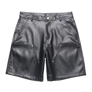 Shorts Bermuda décontractés pour homme en toile 100 % polyester noir, taille mi-haute avec poches, taille élastique, style motard, couleur unie - Product Image 6