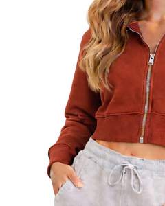 Sudadera Corta con Cremallera para Mujer, Manga Larga, Informal, de Felpa Suave, Color Naranja Óxido, Ropa de Calle, Moda Otoño Invierno - Product Image 5