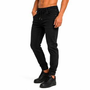 Men's Black High <b>Waist</b> Slim Fit Denim <b>Jeans</b> With Drawstring <b>Elastic</b> <b>Waist</b> And Cuffed Ankle Casual Style Autumn Wear - Product Image 5