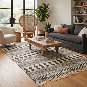 Cotton Geometric Bohemian Style Handmade Printed <b>Rug</b> Eco-Friendly Anti-Slip Thin for Bedroom Living Room Dining <b>Space</b> Textured - Product Image 4