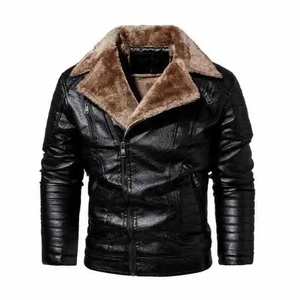 Chaqueta de Cuero PU para Hombre, Estilo Motero, Cuello de Piel Sintética, Corte Ajustado, Cierre de Cremallera, Resistente al Viento, para Invierno - Product Image 2