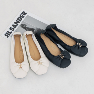 Ballerines en cuir d'agneau véritable pour femmes Ann'S, avec nœud décoratif, en cuir souple, confortables, à enfiler, couleur beige - Product Image 2